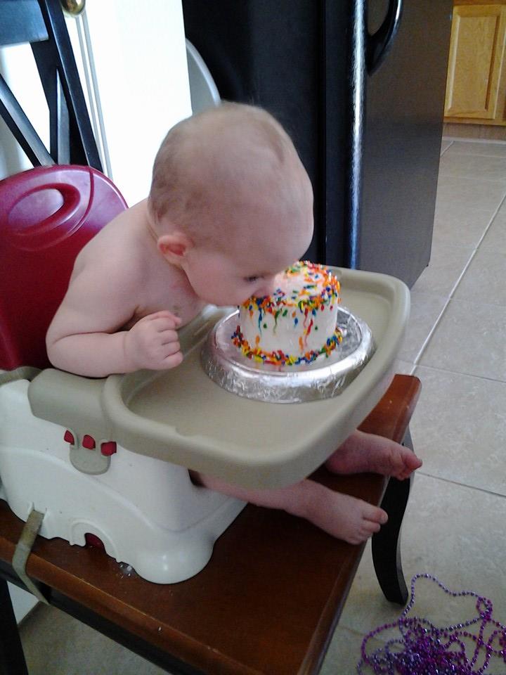 This is how you eat cake on your first birthday. Our great granddaughter Gianna.
