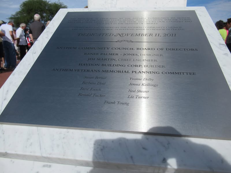 We have a somewhat unique Veterans Memorial in Anthem. I went there yesterday to take some pictures not expecting that many people to be there. Wrong, several thousand were there making it impossible to get the shots I wanted. I took a few, but decided to come back today for the money shots. Read the captions on some of the pics to get the whole picture. :)
