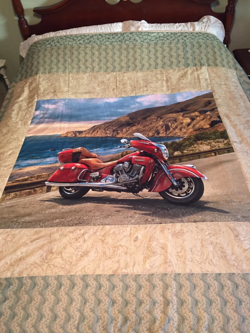 Yesterday after I arrived back home from a three day spirited ride I was truly surprised when I walked into my bedroom to put my stuff away.  Yes, she knows the difference between a GoldWing and an Indian but couldn’t find a GoldWing so sorry Nash but she had to settle for a close second. 😂  Made with love!