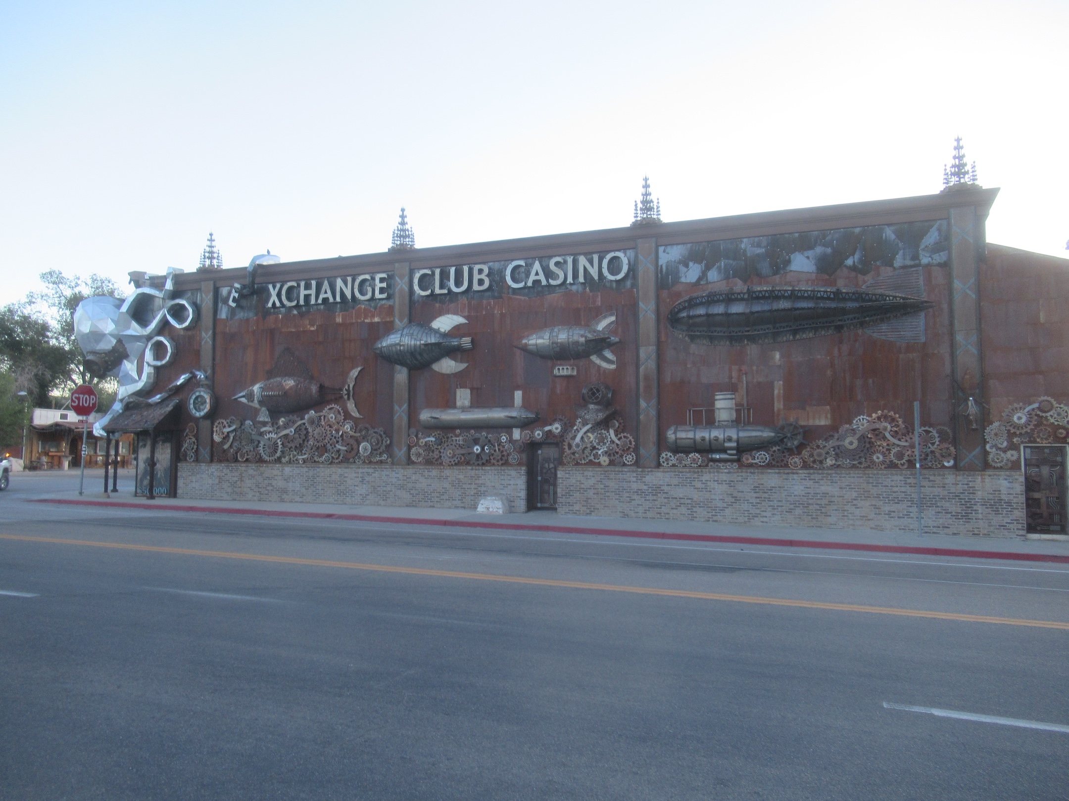 The full steampunk mural along the Exchange Club Casino wall